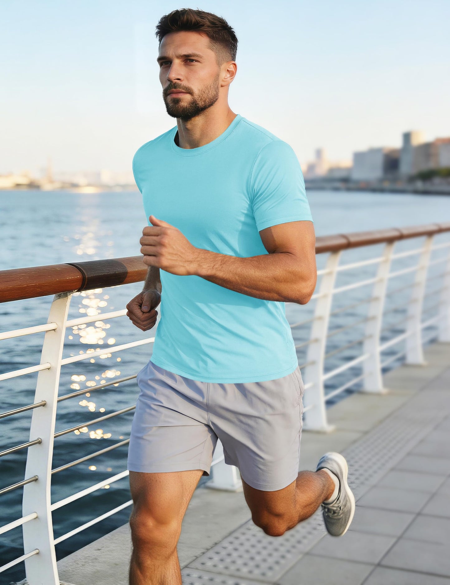 Mens Short Sleeve Sun Shirts T-Shirts UV Protection Gym Shirts Dry Fit Outdoor Shirts Men Breathable Shirts Casual Lake Blue