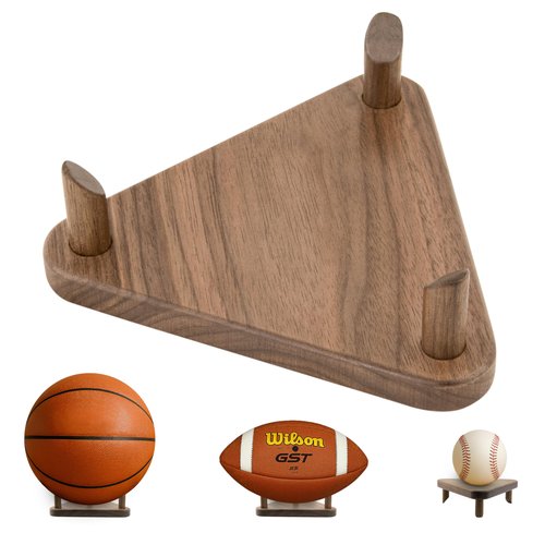 Solid Walnut Ball Display Stand – Basketball Holder, Football Stand, Soccer Ball Display Rack – Premium Wood Sports Memorabilia Display Holder – Triangle Ball Stand for Autographed Balls