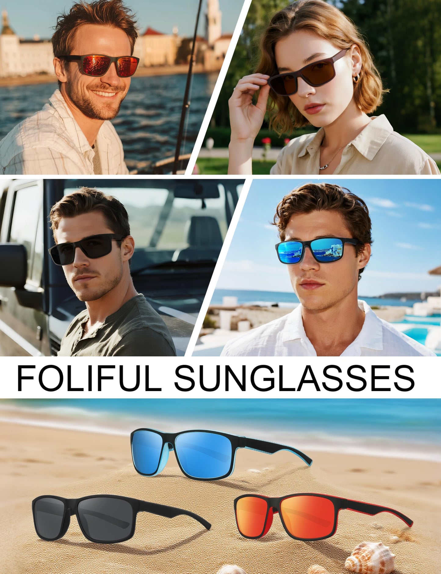 Foliful Square Polarized Sunglasses for Men and Women, Mens Sunglasses UV Protection with Lightweight Frame Sun Glasses