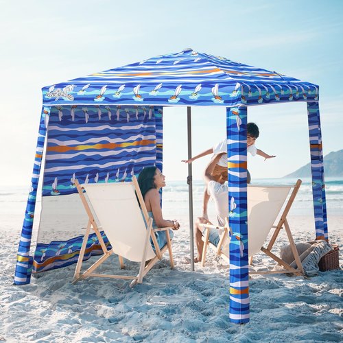 Jihfmo Beach Cabana, 6.2'×6.2' Beach Canopy with Side Wall, UPF 50+ UV Protection Easy Setup Tent Sun Shelter with Sand Pockets for Whole Family(Summer Sailboat)