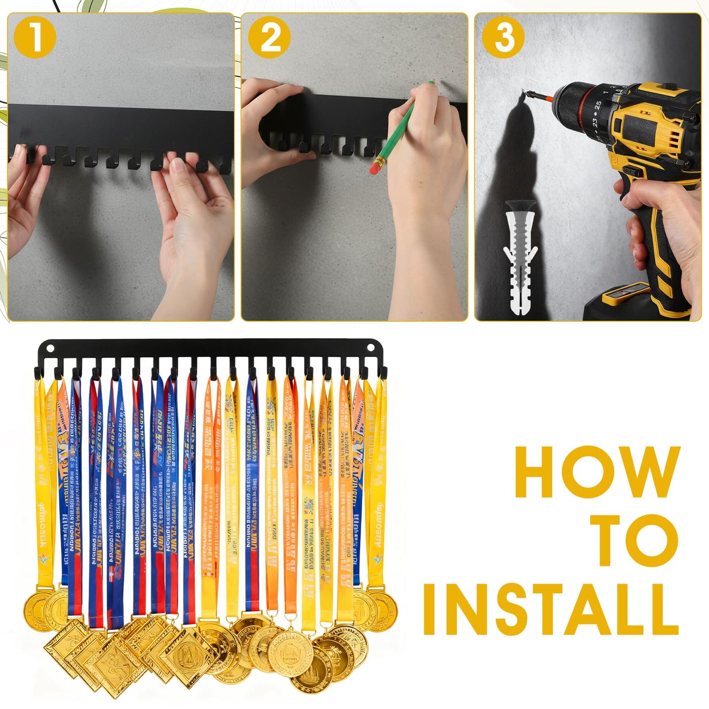 PercyEffie 4 Pack Medal Holder Hanger Display with 20 Hooks Wall Mounted Sport Metal Medal Display Hanger Rack for Running Marathon Gymnastics Soccer Wrestling Black
