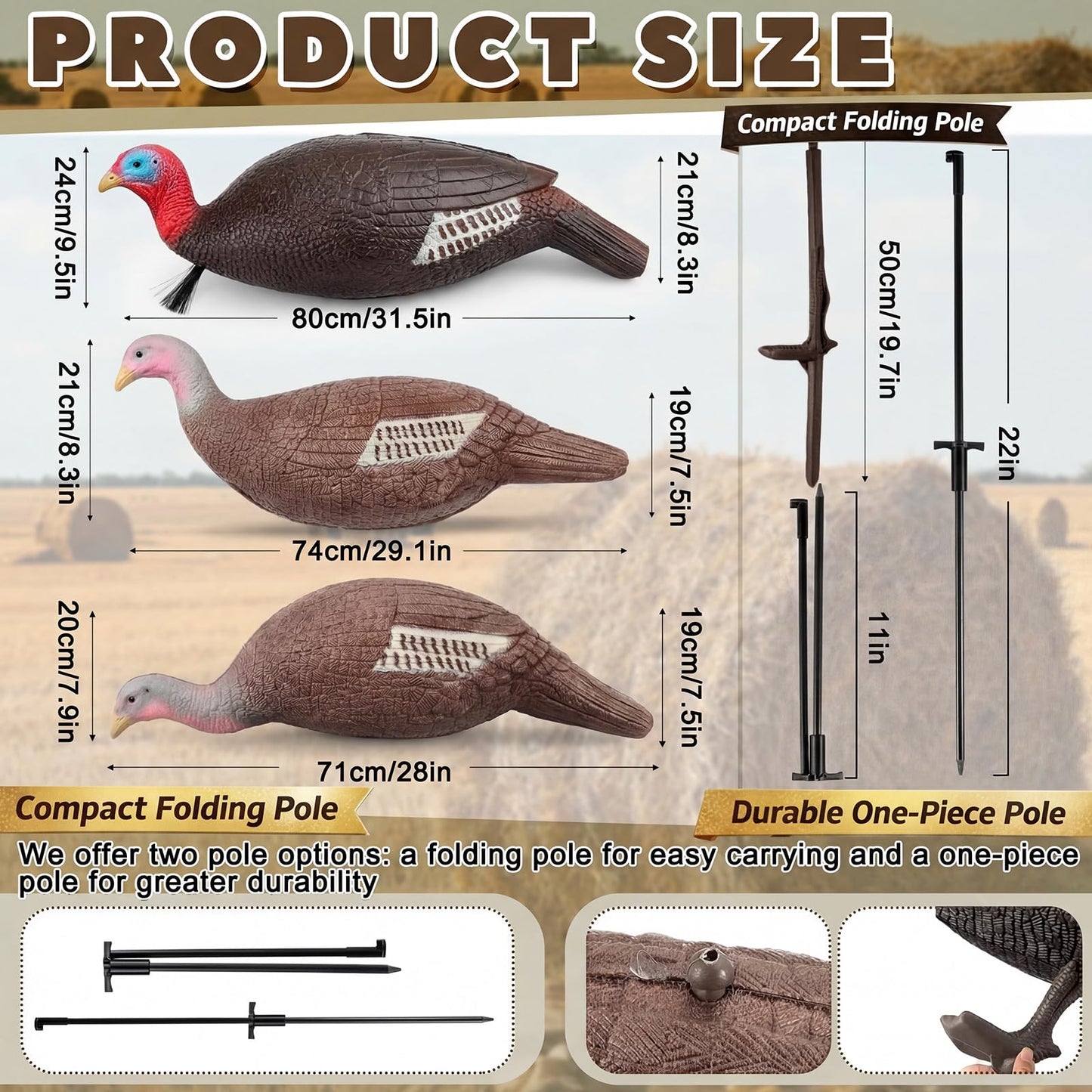 Poen 3 Pack Turkey Decoys Collapsible Hunting Combo Decoy Standing Lifelike Turkey Decoys Realistic Hunting Hen and Jake Decoy with Foldable Stake for Field Forest Wood Ground Outdoor