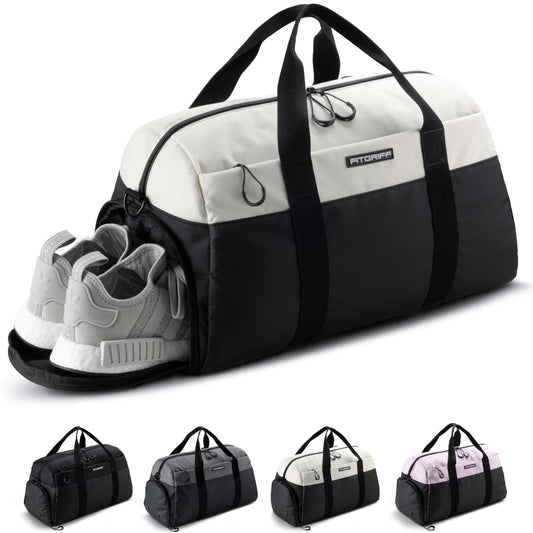 Fitgriff® Gym Bag V2 for Men and Women with Shoe & Wet Compartment - Duffle Bag for Travel, Sports, Fitness and Workout (Black/Cream White, 22 x 12 x 13″ (Medium))