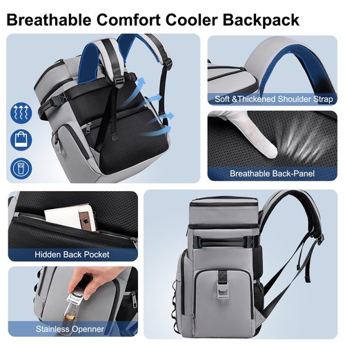 Weitars Insulated Cooler Backpack,Double Deck Waterproof Soft Cooler Bag,Backpack Coolers Leak Proof Lunch Backpack for Men Women for Travel,Camping,Picnic,Beach,Picnic,Outdoor 31L/52 Can (Gray)