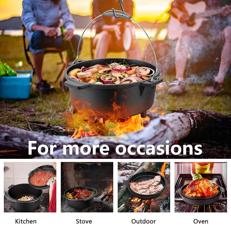 HaSteeL 7 QT Cast Iron Dutch Oven with Lid Lifter & Camping Rack - 3-Piece Variation