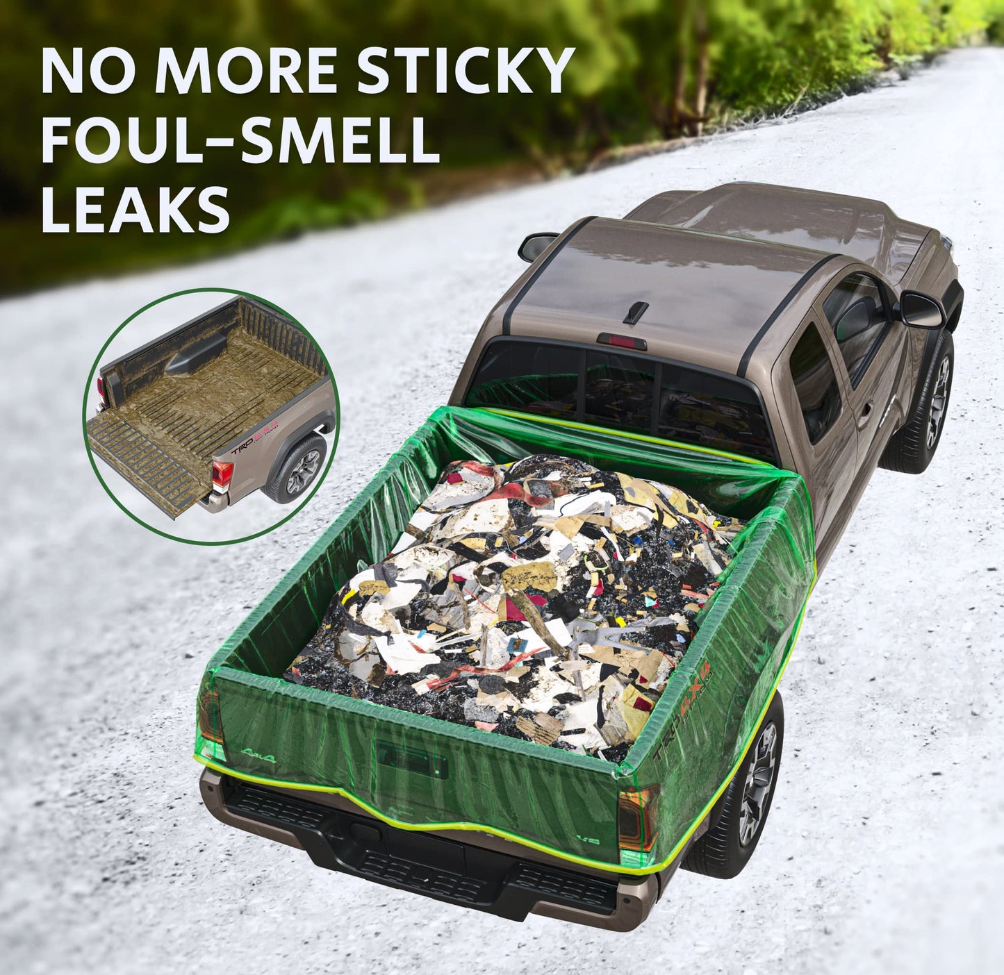 TidyFriend Truck Bed Bag 101" x 75" x 50", Heavy Duty Waterproof Truck Bed Storage Liner with Drawstring – Reusable Dumpster Bag for Waste Management, Hauling, and Moving (Green)