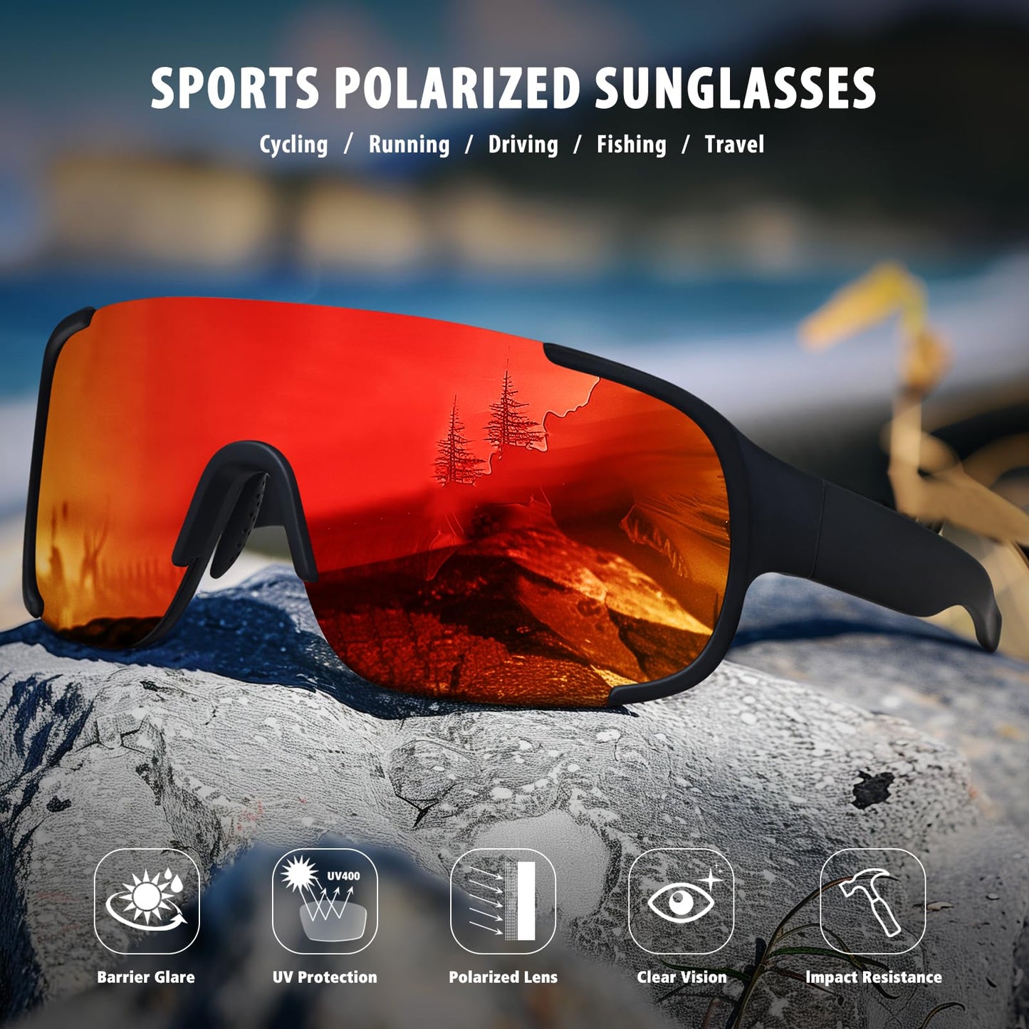 Ofwin Polarized Cycling Sports Sunglasses for Men Women UV Protection Fishing Bike Running Wrap Around Sun Glasses Matte Black/Red