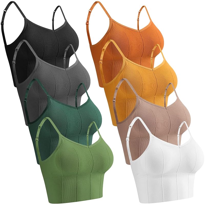 8-Pack Sports Bras Low Back Seamless Camisole Set with Adjustable Straps - Variety Colors (Black, Khaki, White, Gray, Yellow, Orange, Green, Dark Green)