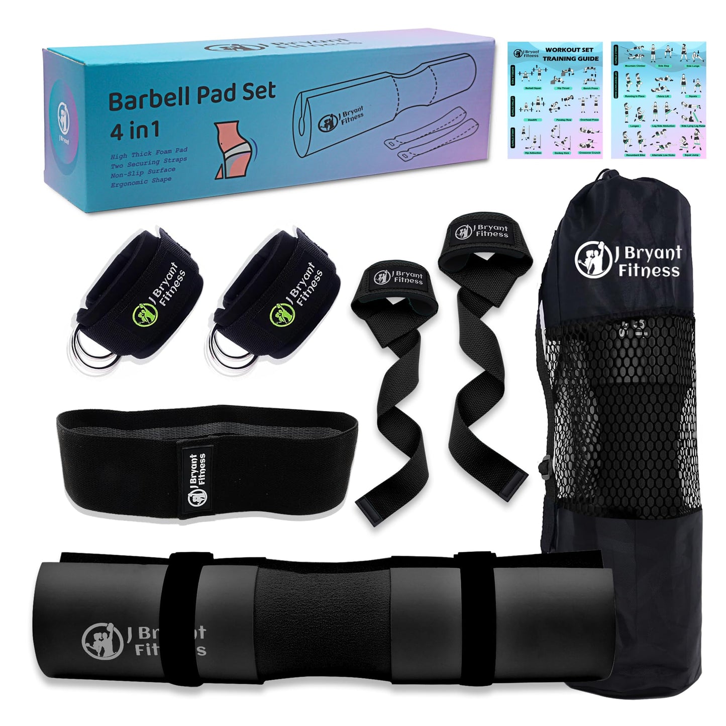 J Bryant Barbell Pad Set with 2 Ankle Straps for Cable Machines, Hip Resistance Band, Weight Lifting Straps, Thick Cushion Hip-Thrusts Pad with Carry Bag for Squats Bench Press Workout