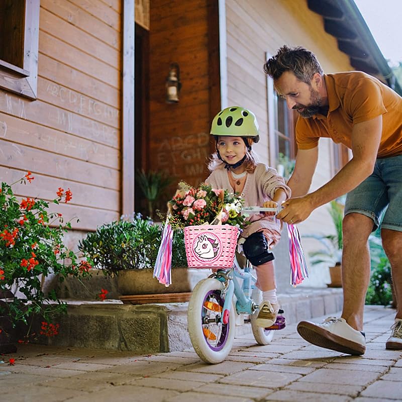 Kids Bike Basket Set with Unicorn Bracelet, Bell, Streamers & Stickers for Girls