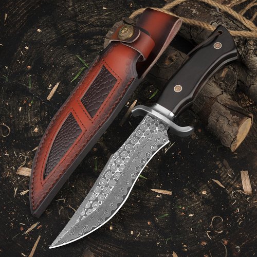 SPITZKANTE Damascus Hunting Knife P-S, 11.26" Damascus Fixed Blade Bowie Knife with Leather Sheath, Outdoor Survival Camping Hiking