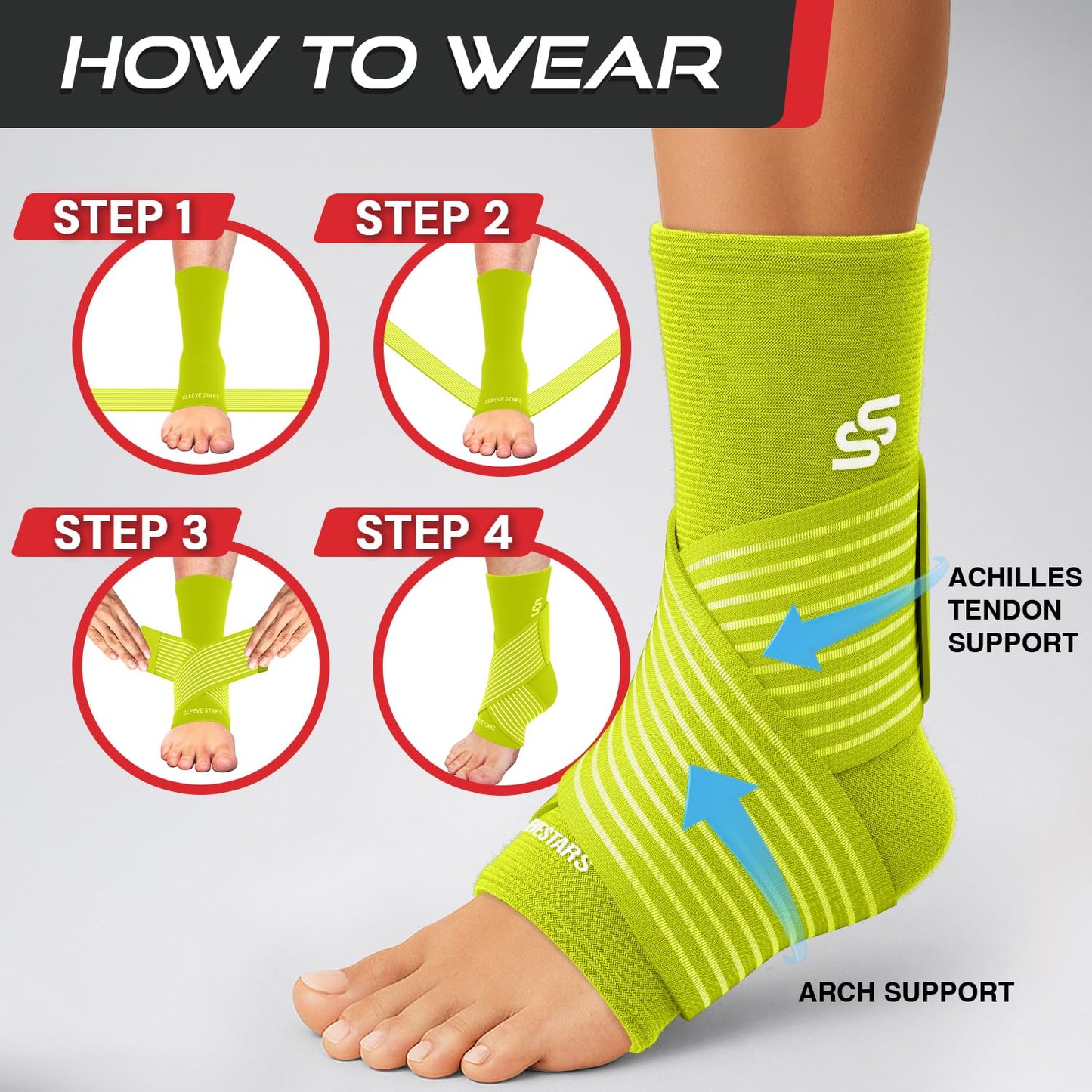 Sleeve Stars Ankle Brace for Women & Men, Ankle Wrap for Sprained Ankle, Compression Sleeve for Plantar Fasciitis Relief, Easy Customizable Support: w/ Removable Strap (Single/M:10"-12"/Neon Yellow Green)