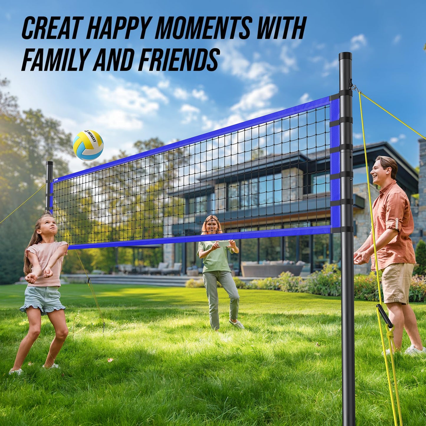 Outdoor Volleyball Net Set for Backyard & Beach, 32FT Regulation Size, Easy Setup Adjustable Height Poles, Portable Net System with PU Volleyball, Pump & Carry Bag