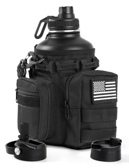 banloga Tactical Half Gallon Water Bottle with Straw, 64 oz Insulated Water Jug with Molle Sleeve, Stainless Steel Sport Battle Bottle with 3 BPA Free Lids for Gym Workout Hiking (Black)