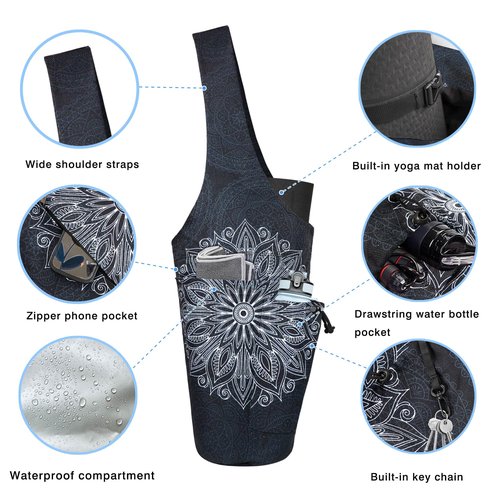 Yoga Mat Bag - Large Opening Long Tote Yoga Mat Carrier Holder Bag with Waterproof Wet Zipper Pocket and Drawstring Water Bottle Pocket - Yoga Bag Fit Most Size Mats - Mandala