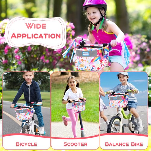 YOKWER Kids Bike Basket Front for Boys Girls, Waterproof Bicycle Front Basket Handlebar Bag with Reflective Safety Straps, Easy to Install Kids Bike Scooter Accessories (Pink Flower)