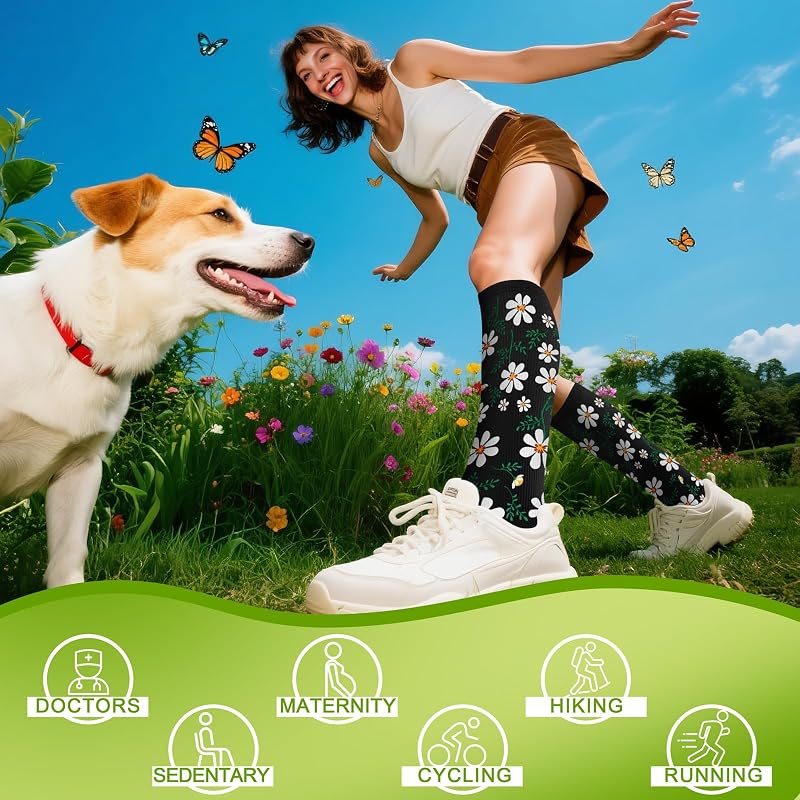 Knee High Compression Socks 20-30 mmHg Unisex Running Travel - Variation A-wflower Large-X-Large