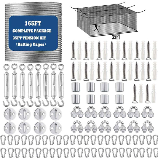 Jecarden Batting Cage Netting Wire Tension Kit for 35FT Batting Cage Cable Suspension Kits Batting Cage Netting Baseball Softball DIY Net Hanging Kit Indoor and Outdoor Backyard Design