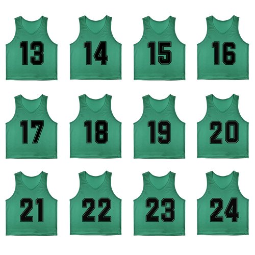 RE-HUO Set of 12 Numbered (13-24) Soccer Vests/Sport Pinnies/Training Bibs with Free Carry Bag(Green13-24,L)
