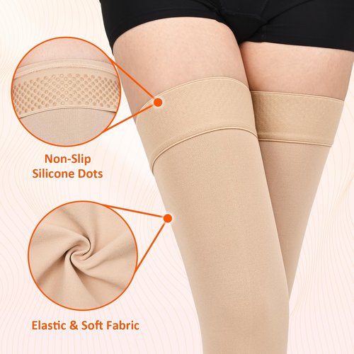 Wegitcs 2 Pairs Thigh High Compression Stockings for Women Men, 20-30mmHg Footless Graduated Compression Socks, Medical Support Sock for Varicose Veins,Edema,Post-Surgery,Sports (Beige&Black, Large)