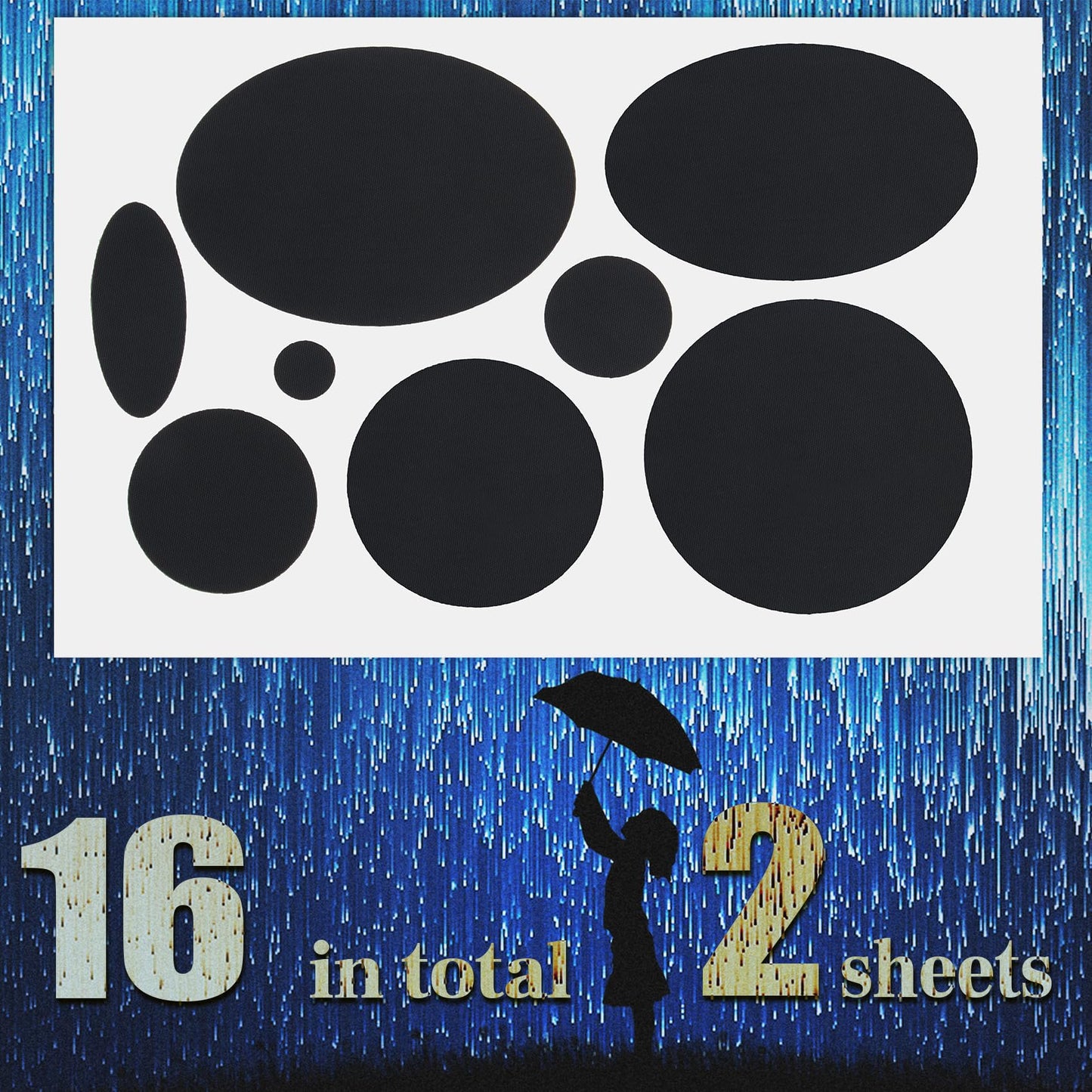 SmallCat 16 pcs Black Down Jacket Repair Patches, Nylon Patches Self Adhesive, Fabric Patches Waterproof for Clothes, Tents, Puffer Jackets - Oval, Round, 2 Sheet