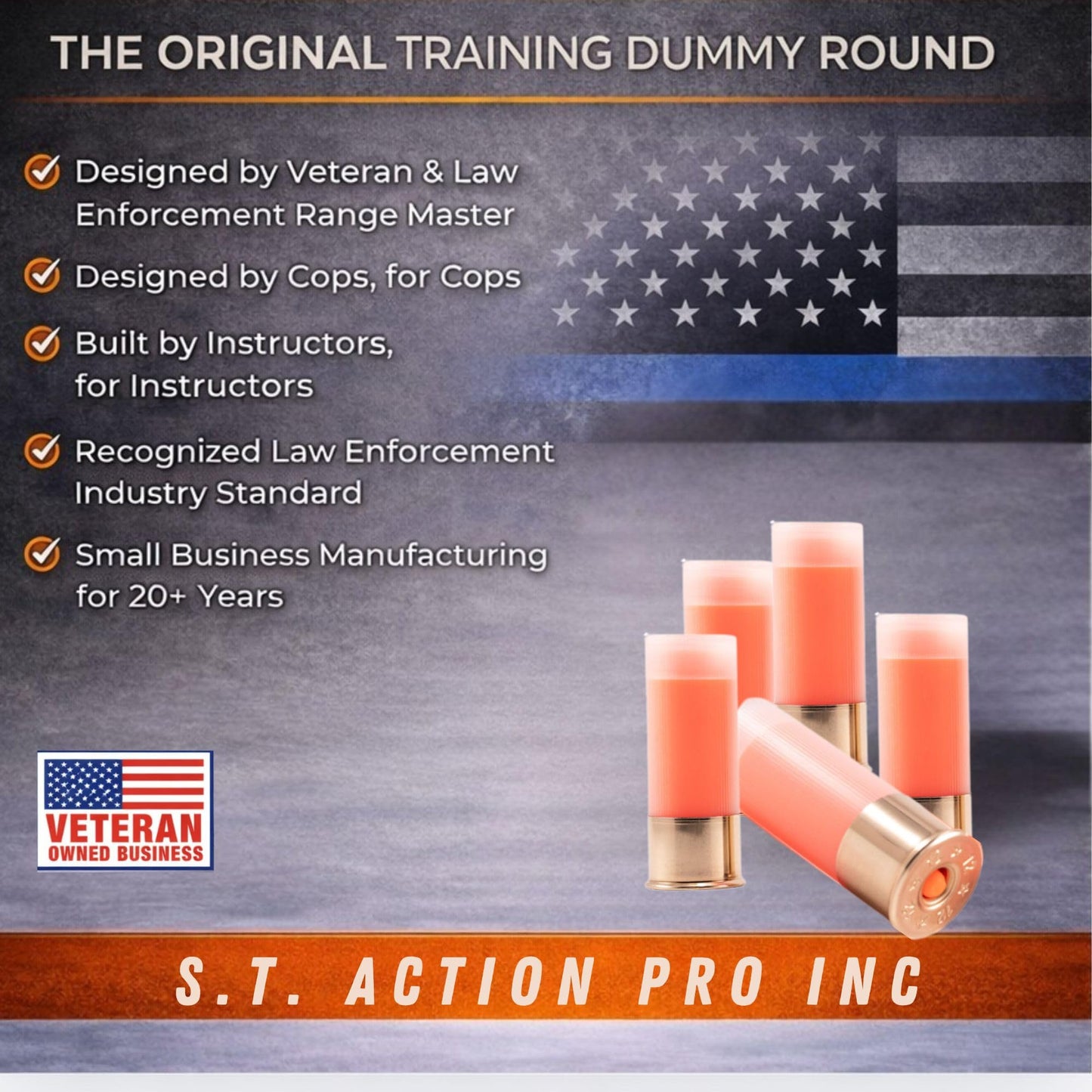 ST Action Pro 12 Gauge Snap Caps – 5 Pack Inert Training Dummy Rounds for Dry Fire, Reloading & Malfunction Drills – Brass Casing, Orange UV Insert – Veteran-Owned, Assesmbled in USA – Safe & Reusable