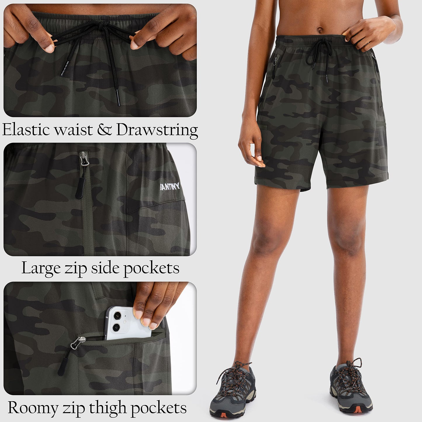 SANTINY Women's 5''/ 7''/9'' Hiking Cargo Shorts Quick Dry Lightweight Summer Shorts for Women Athletic Golf Zipper Pockets(Green Camo_L)
