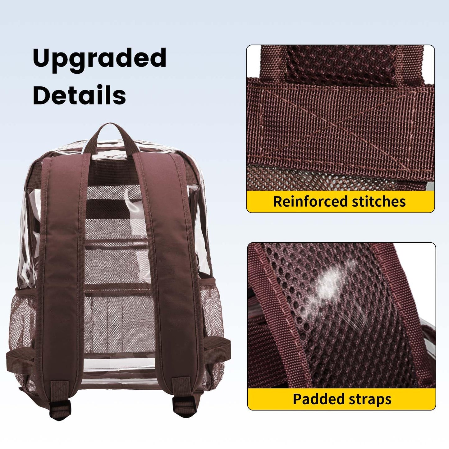 Vorspack Clear Backpack Heavy Duty PVC Transparent Backpack with Reinforced Strap Stitches & Large Capacity for College Workplace Security - Coffee