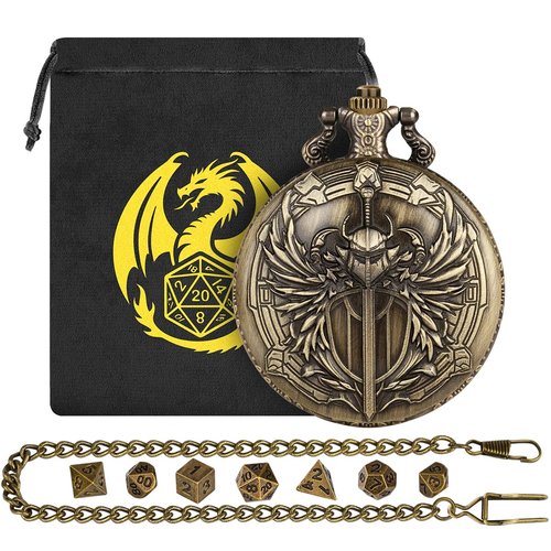 Mini DND Dice Set with Steampunk Paladin Pocket Watch Shell Case, DND Starter Set, 7pcs Polyhedral Mini Metal Dice Set, DND Gifts with Gift Bag, Role Playing Board Game Accessories,Bronze