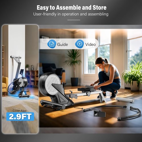 pooboo Full Motion Rowing Machines for Home, Dual Wind & Magnetic Resistance, Foldable Row Machine Up to 400LB Weight Capacity, 14 Levels of Quiet Resistance Rowers for at Home Exercise, App Supported