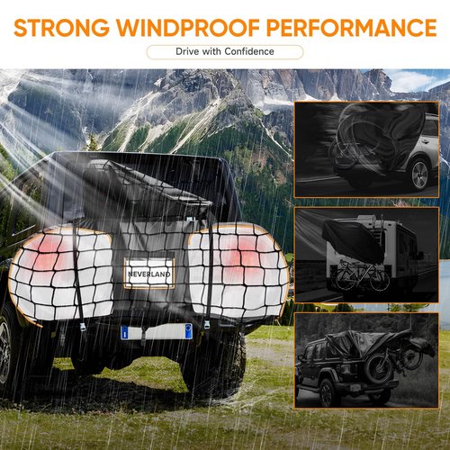 NEVERLAND Bike Cover for Transport on Rack - Heavy Duty 600D Bike Rack Cover for 2 Bikes, Bicycle Cover Outdoor Waterproof on Rear Bike Rack with Clear PVC Panels and Stretch Net