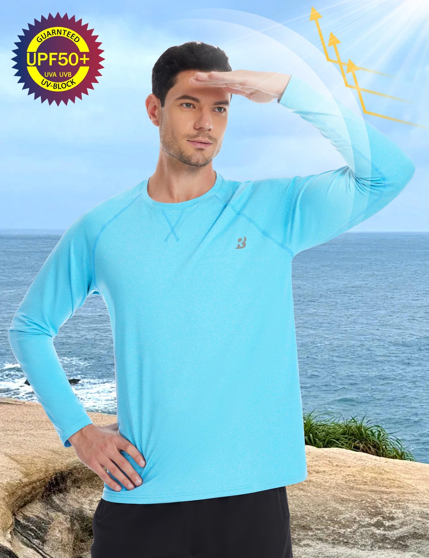Roadbox UPF 50+ Sun Shirts for Men, UV Protection Long Sleeve Swim Shirt, Quick Dry Rash Guard for Fishing Hiking Running Blue
