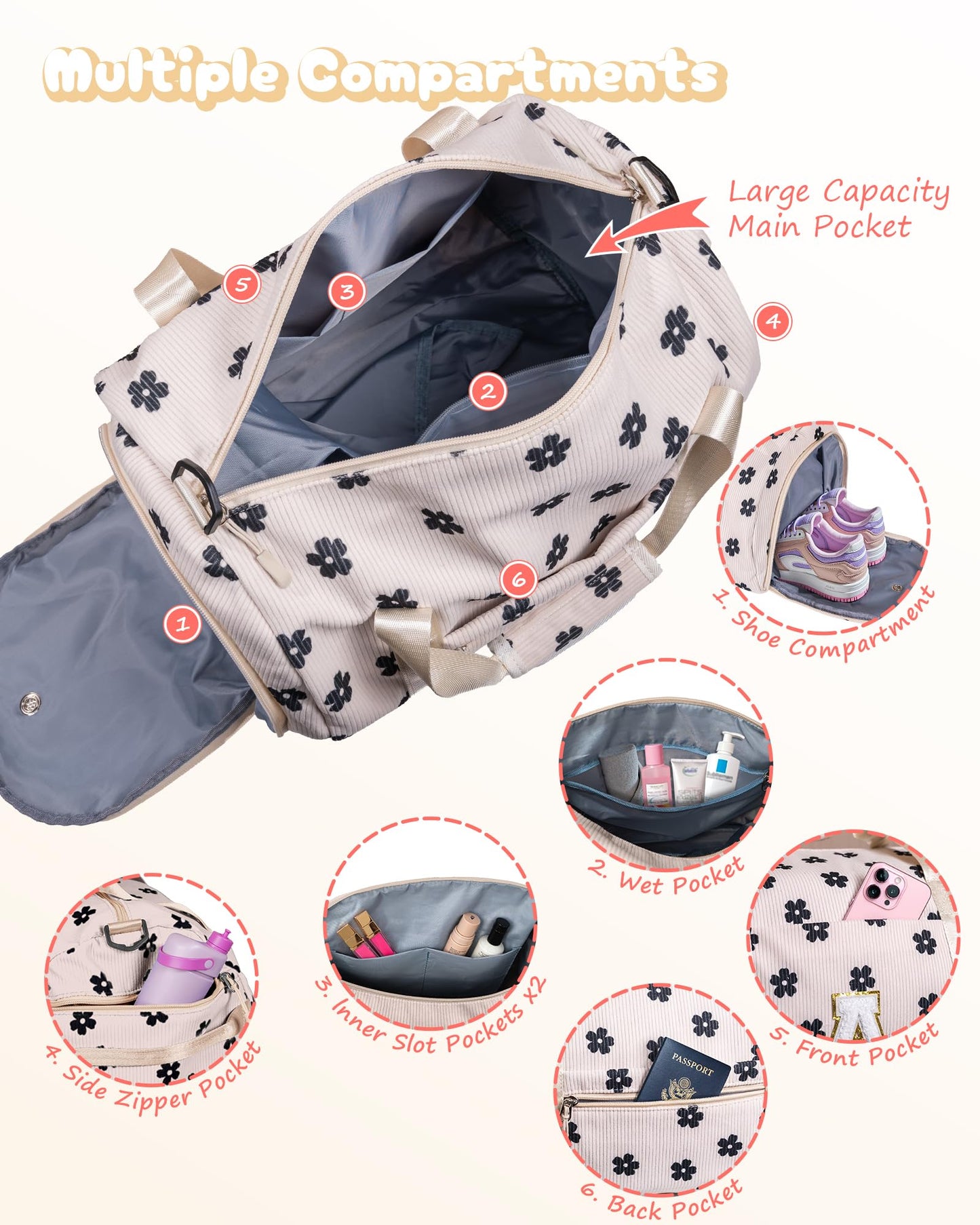 Vogewood Teen Girl Gifts Trendy Stuff, Girls Gym Bag, Kids Personalized Overnight Duffel Bags with Shoe Compartment, Customized Travel Duffle with Toiletry Bag, 6 Year Old Kid Birthday Gift (Letter A)