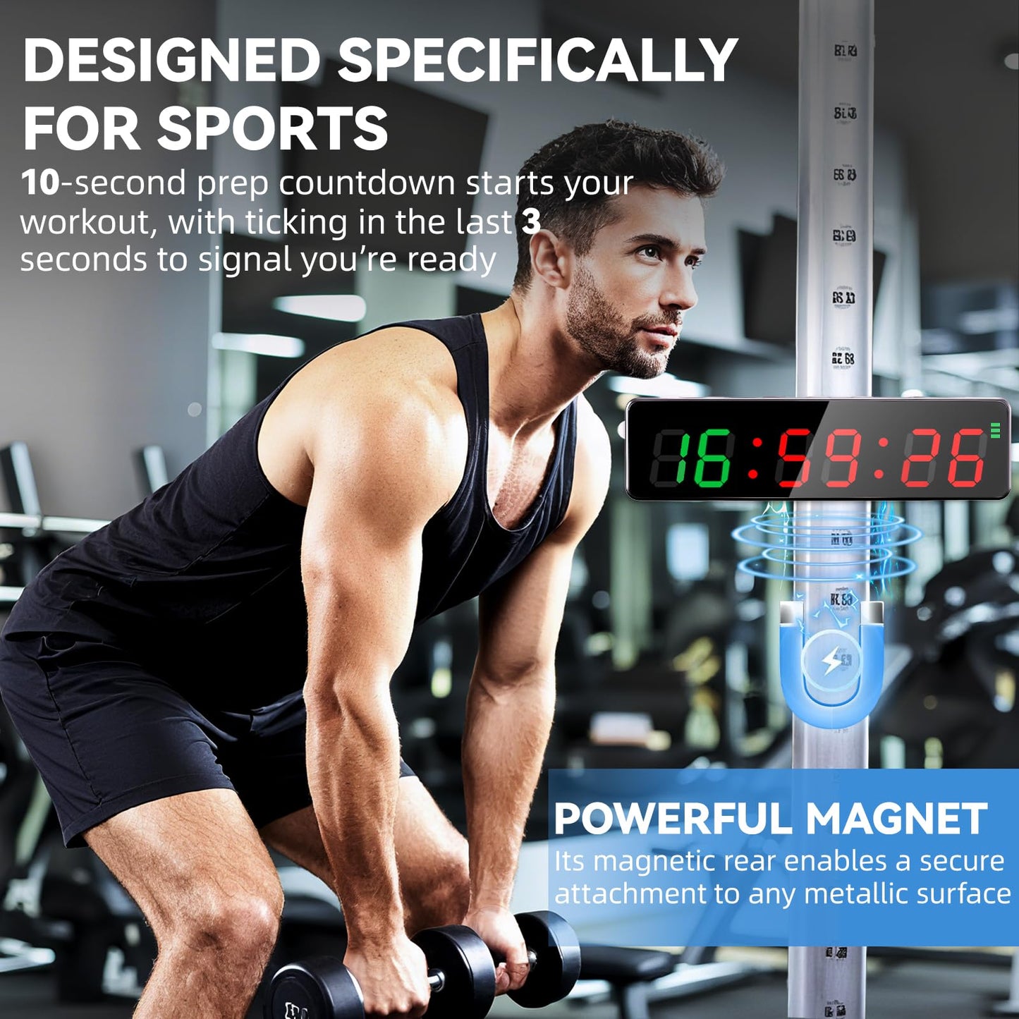 Gym Timer Clock,Magnetic Workout Interval Timer with LED Display,Clock/Countdown/Count up/Stopwatch/Tabata/FGB/HIT Mode,10 Second Countdown &3 Second Emphasis When Start, Home Gym, Garage & Schools