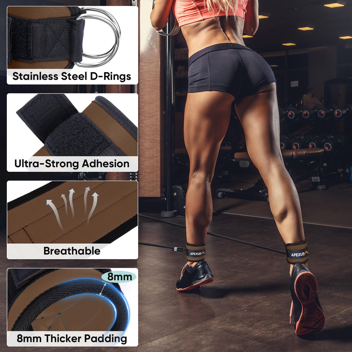 APEXUP Ankle Strap for Cable Machine, Ankle Resistance Bands, Cable Kick Back Straps for Gym, Glute Workouts, Leg Extensions, Adjustable Straps with Neoprene Padding (Single, Mocha)