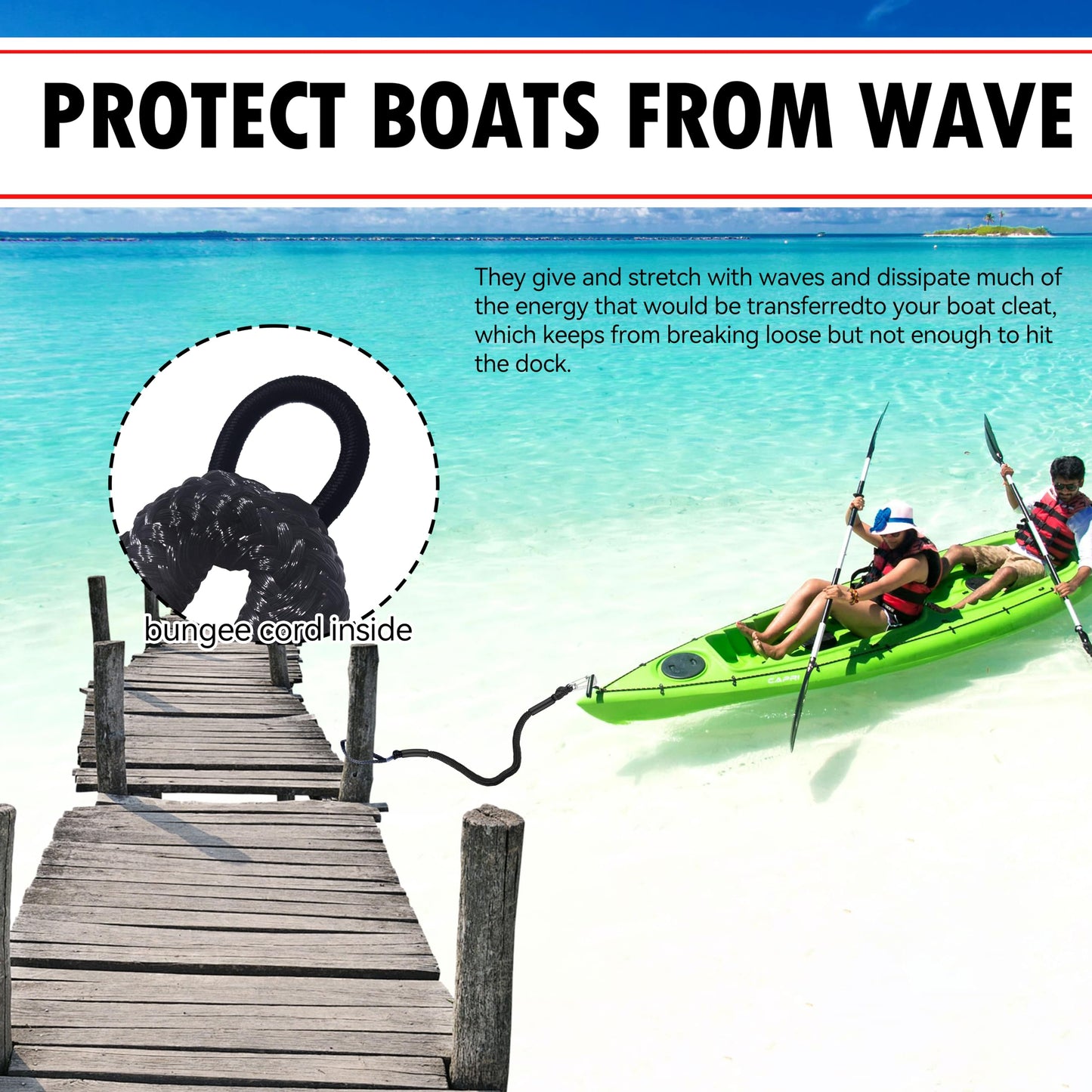 2.5ft Black Bungee Dock Line with Stainless Steel Hook - Heavy-Duty No-Knot Mooring Rope for Jet Ski, Kayak, PWC | Boat Fender Lines to Hang Bumpers (Stretches to 3.5ft), Pack of 2