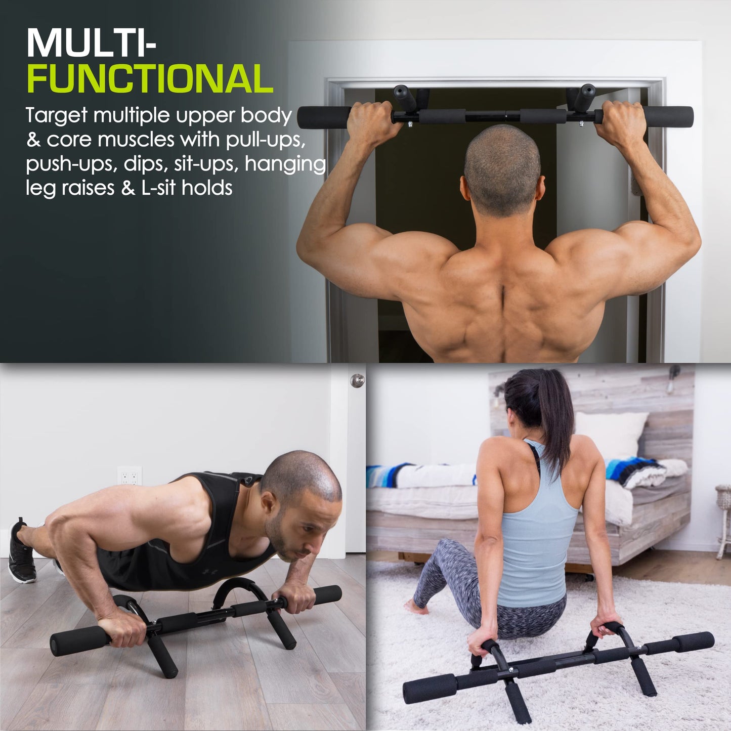 ProsourceFit Multi-Grip Lite Pull Up/Chin Up Bar, Heavy Duty Doorway Upper Body Workout Bar for Home Gyms 24”-32”