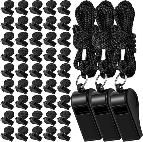 Yihurlm 48 Pack Plastic Whistles,Coach Whistle with Lanyard,Black Sports Whistle Referee Whistle,Loud Crisp Sound Whistles Bulk for Coaches Referees Emergency Soccer Training (Black)