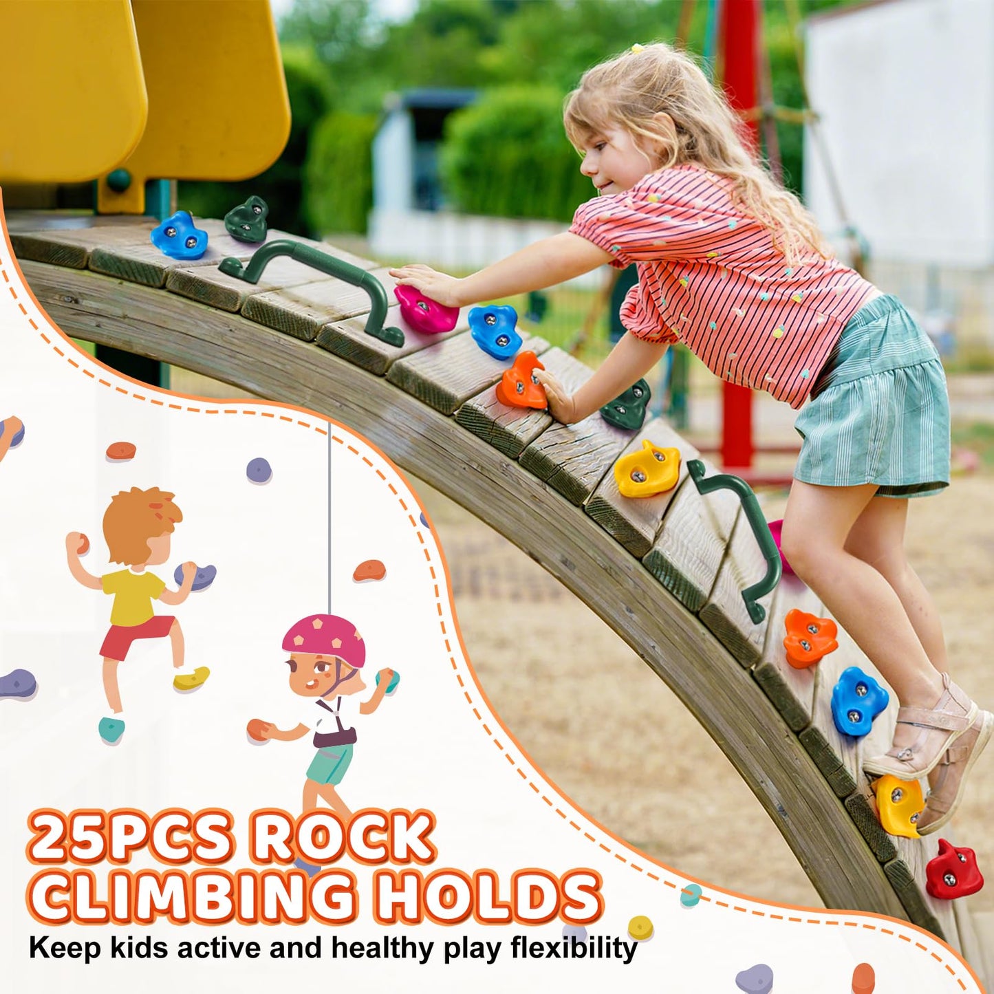 25Pcs Rock Climbing Holds for Kids Adults, Colourful Rock Wall Climbing Holds with 2 Handles, Large Pig Nose Shape Grips for Indoor Outdoor Playground-Mounting Hardware Kit Included