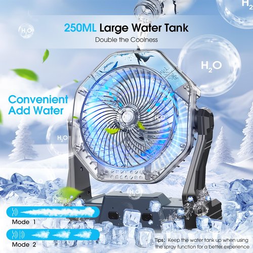 Ausic Portable Misting Fans for Outside, Outdoor Cooling Fan for Patios, 8 Inch Battery Operated Rechargeable Fans, Water Spray Fan with Light & Hook for Beach Camping Essential