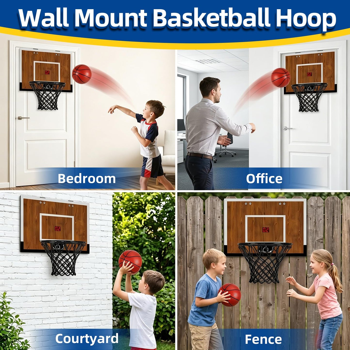 Laapee Indoor Mini Basketball Hoop Set, Over The Door/Wall Mounted with 16"x12"x3" Solid Wood Backboard, Digital Scoreboard, Anti-Shock Door Protection, Includes 3 Mini Basketballs & Air Pump