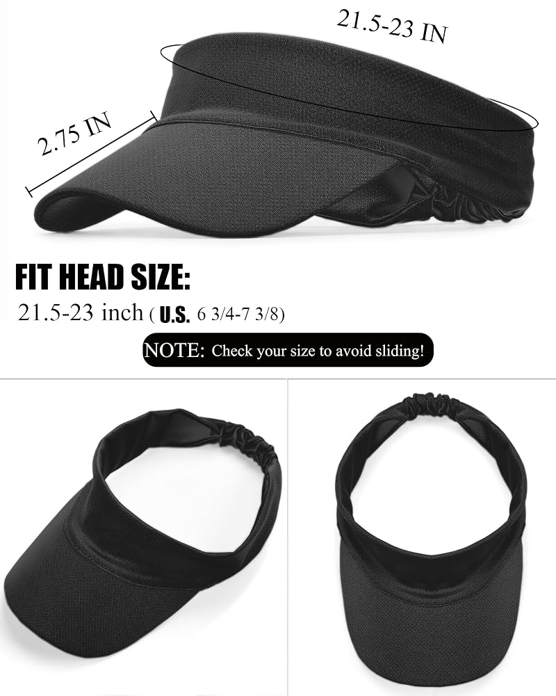 Cooling Stretchy Visor Hat - Sun Protection Headband with Quick-Dry, Black, Medium