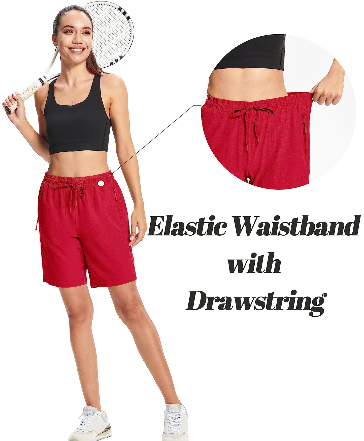 MAGCOMSEN Womens Shorts Elastic Waistband Hiking Shorts 8 Inch Lightweight Golf Shorts with Pockets Tomato Red M