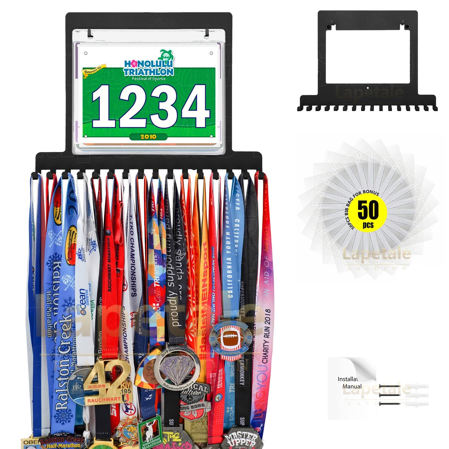 Lapetale Fashion Race Bib and Medal Display,Marathon Medal Display and Runner Medal Hanger Display,Bib Running Medal Display, Running Medal Hanger Display,Medal Holder for Wall,Gifts for Runners50