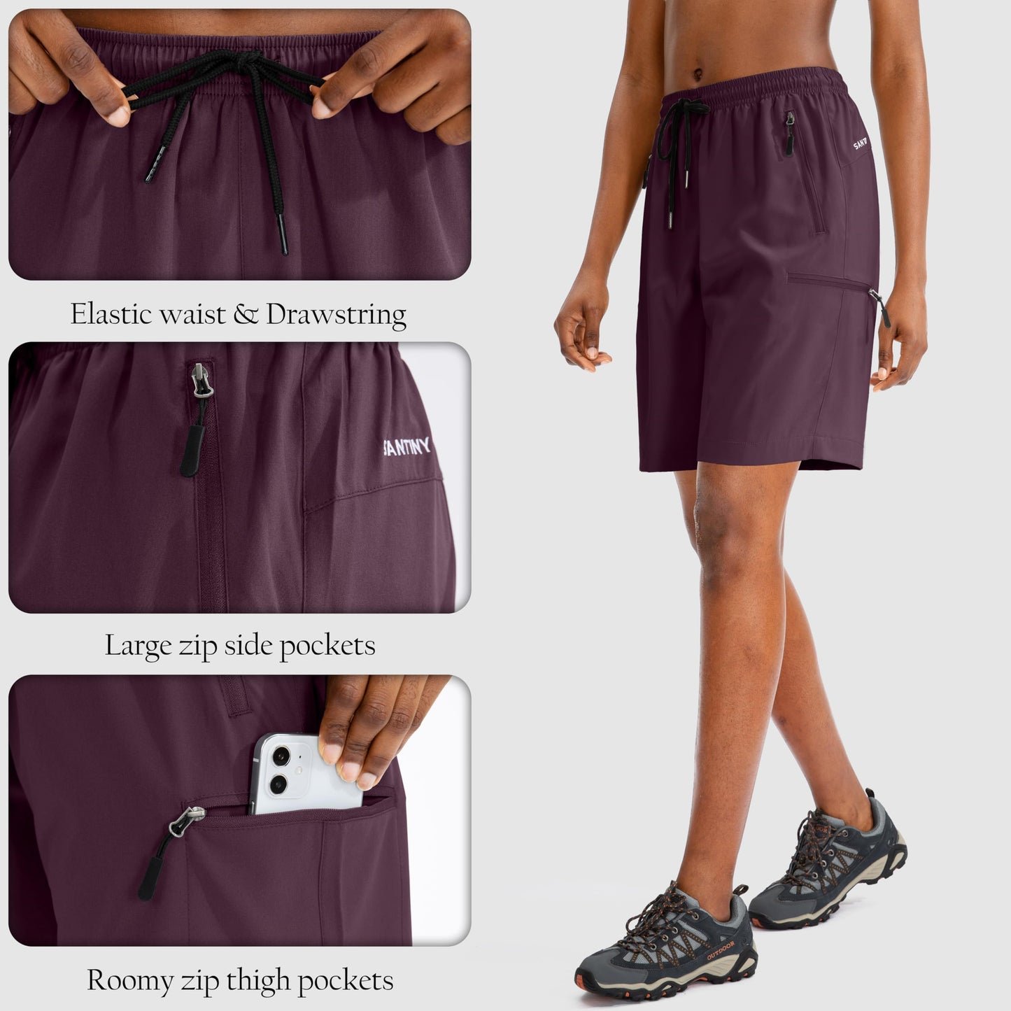 SANTINY Women's 5''/ 7''/9'' Hiking Cargo Shorts Quick Dry Lightweight Summer Shorts for Women Athletic Zipper Pockets(Dusty Purple_L)