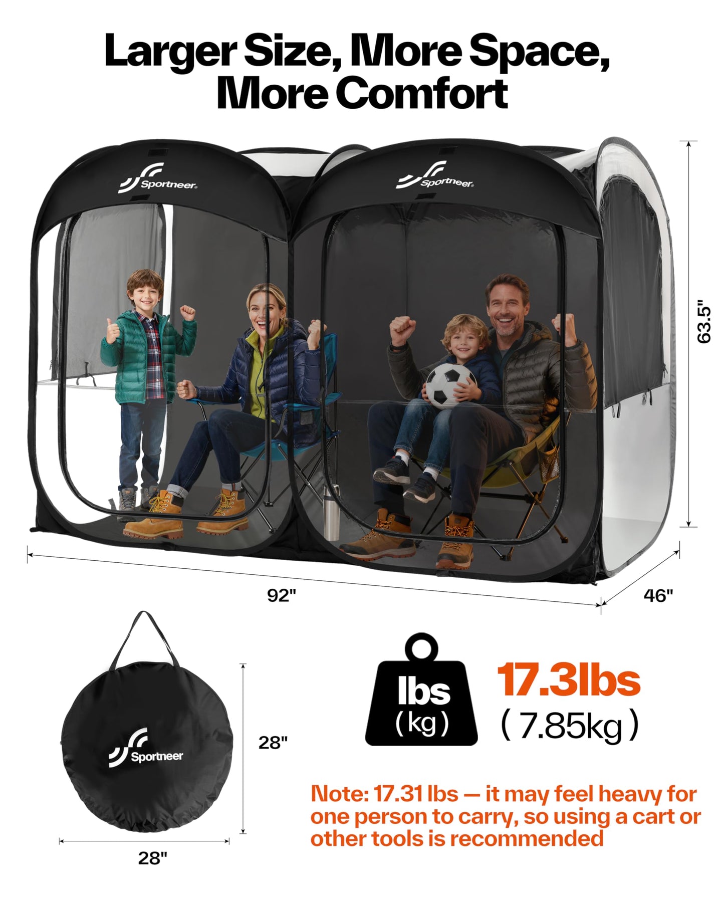 Sportneer Sports Tent, 2-4 Person Instant Pop Up Sports Tents - 92" x 46" x 63.5" Transparent Sport Shelter for Fishing, Camping, Sports Event - Easy Set Up & Tear Down