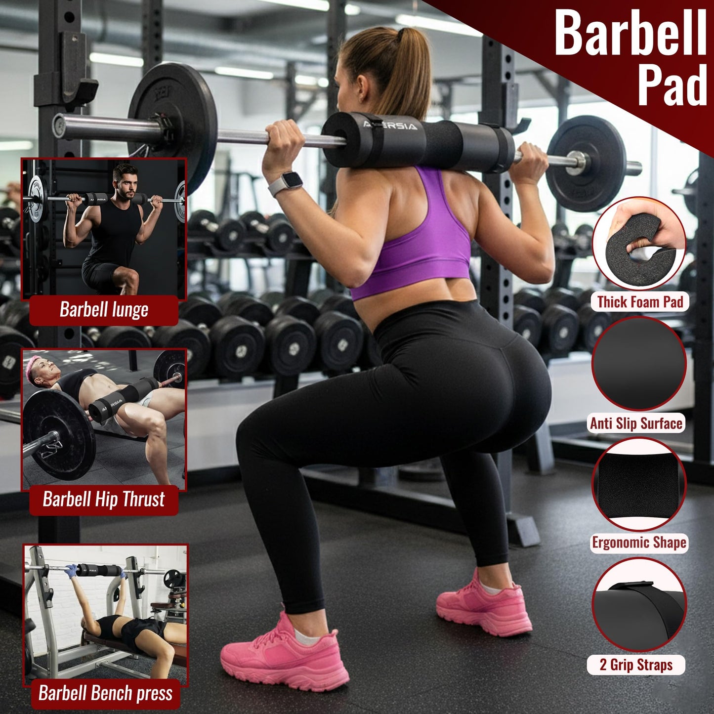 ANERSIA 10 in 1 Barbell Pad Set for Squats & Hip Thrust – Barbell Pad with Resistance Bands, Lifting Straps, Ankle Straps & Barbell Clamps – Weightlifting Accessories Kit for Home Gym