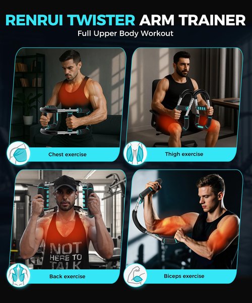 RENRUI Twister Arm Trainer, Adjustable 5 Resistance Levels (40-130 lbs) Chest & Arm Workout Equipment for Men & Women, Ergonomic Home Gym Strength Trainer with Anti-Slip Handles & Carry Bag (Blue)