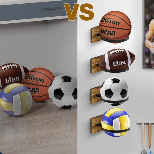 Daoun Basketball Holder Wall Mount with Wooden Base, 4 Pcs Ball Storage Holder for Football Basketball Soccer Rugby Display Rack - Boys Sports Accessories Organizer