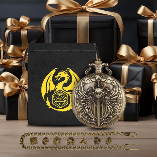 Mini DND Dice Set with Steampunk Paladin Pocket Watch Shell Case, DND Starter Set, 7pcs Polyhedral Mini Metal Dice Set, DND Gifts with Gift Bag, Role Playing Board Game Accessories,Bronze
